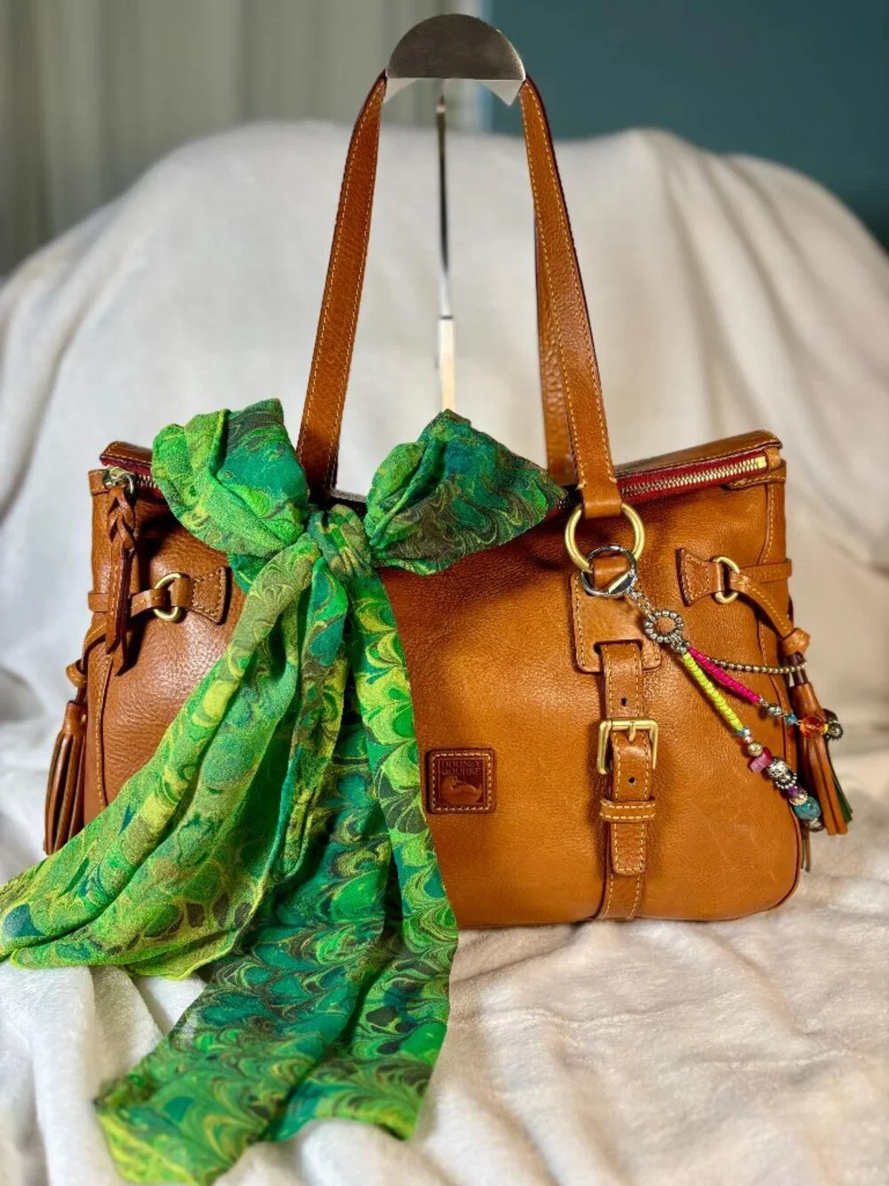 Dooney and Bourke (Old Large) Florentine Tassel Satchel in Chestnut w/ Chain - Picture 1 of 16